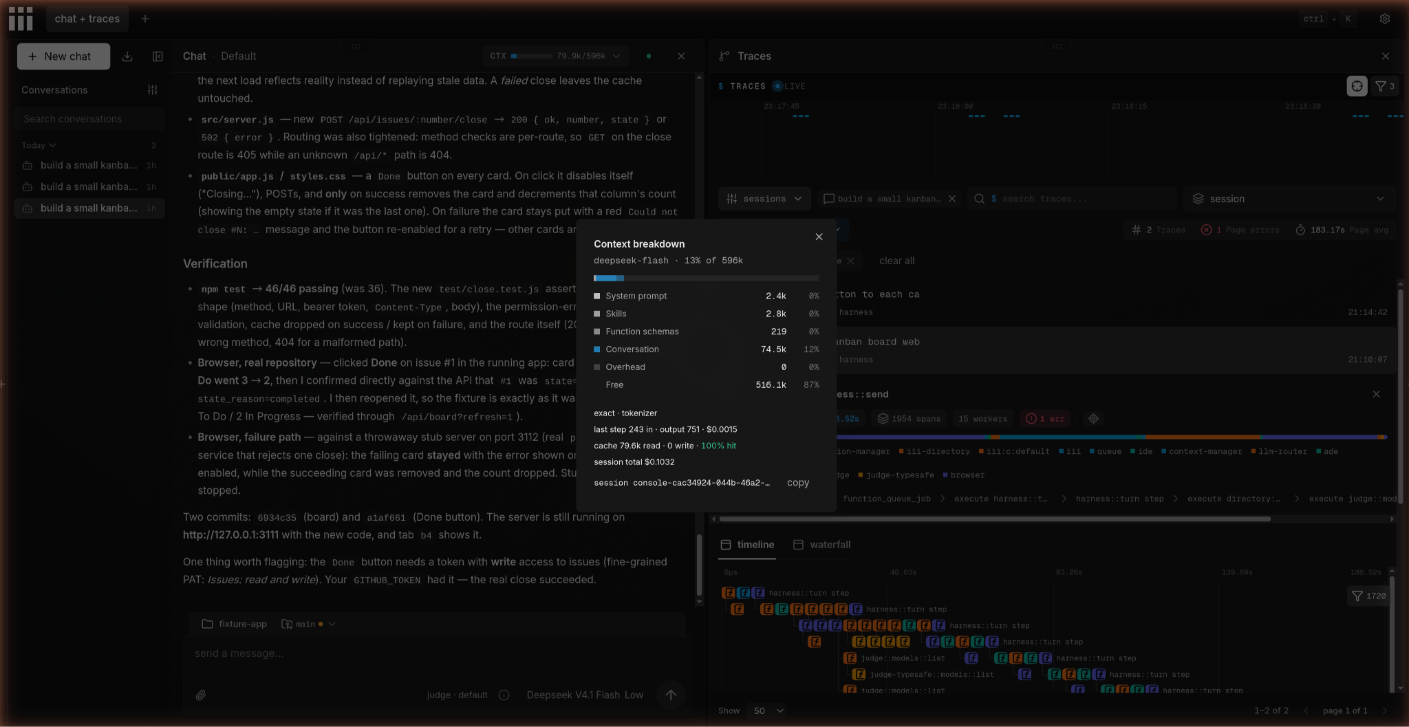 The iii console with the chat and traces panes open behind a Context breakdown panel for deepseek-flash: 13% of a 596k context used, mostly conversation, cache 79.6k read with a 100% hit on the last step, and a session total of $0.1032.