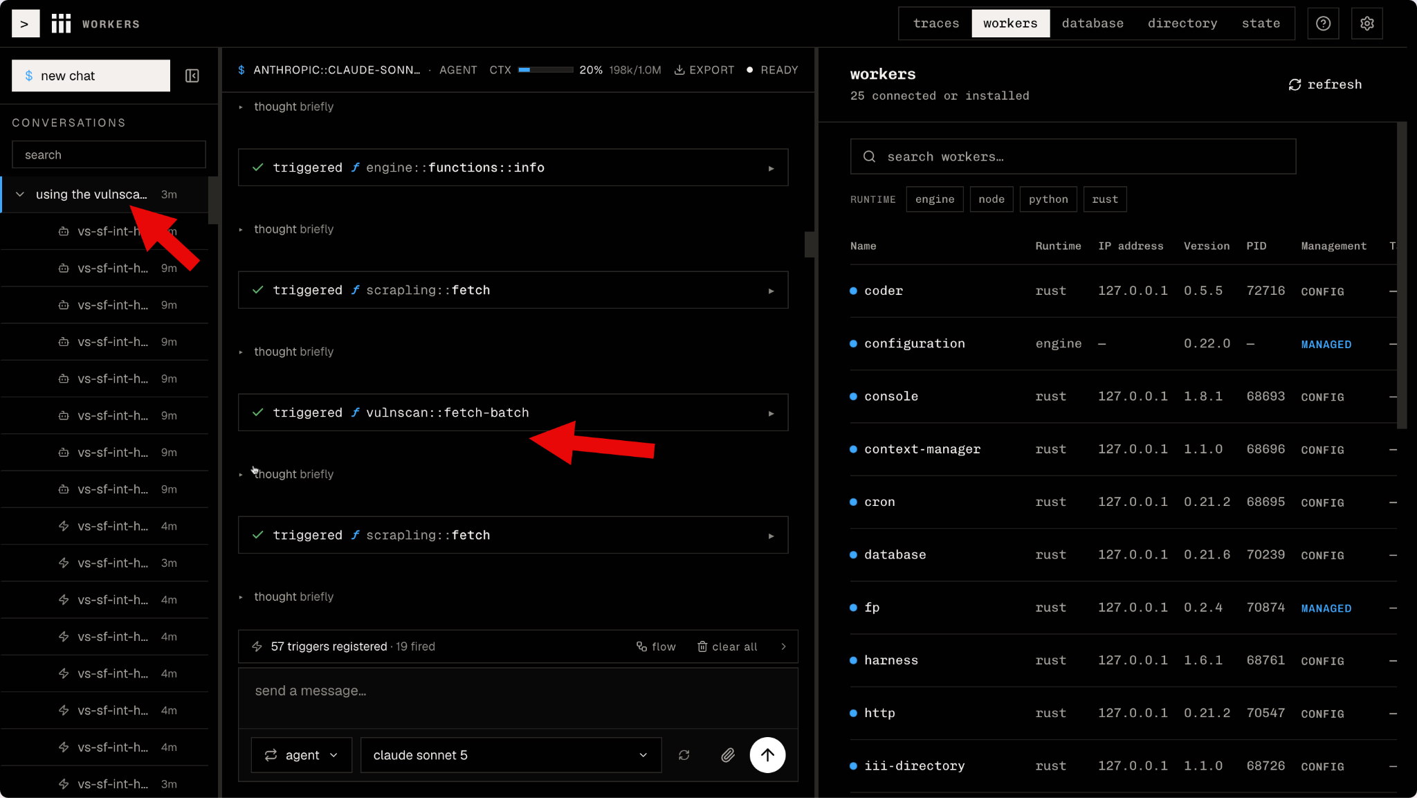 A brand-new conversation invoking the freshly created vulnscan worker to run the analysis end to end.
