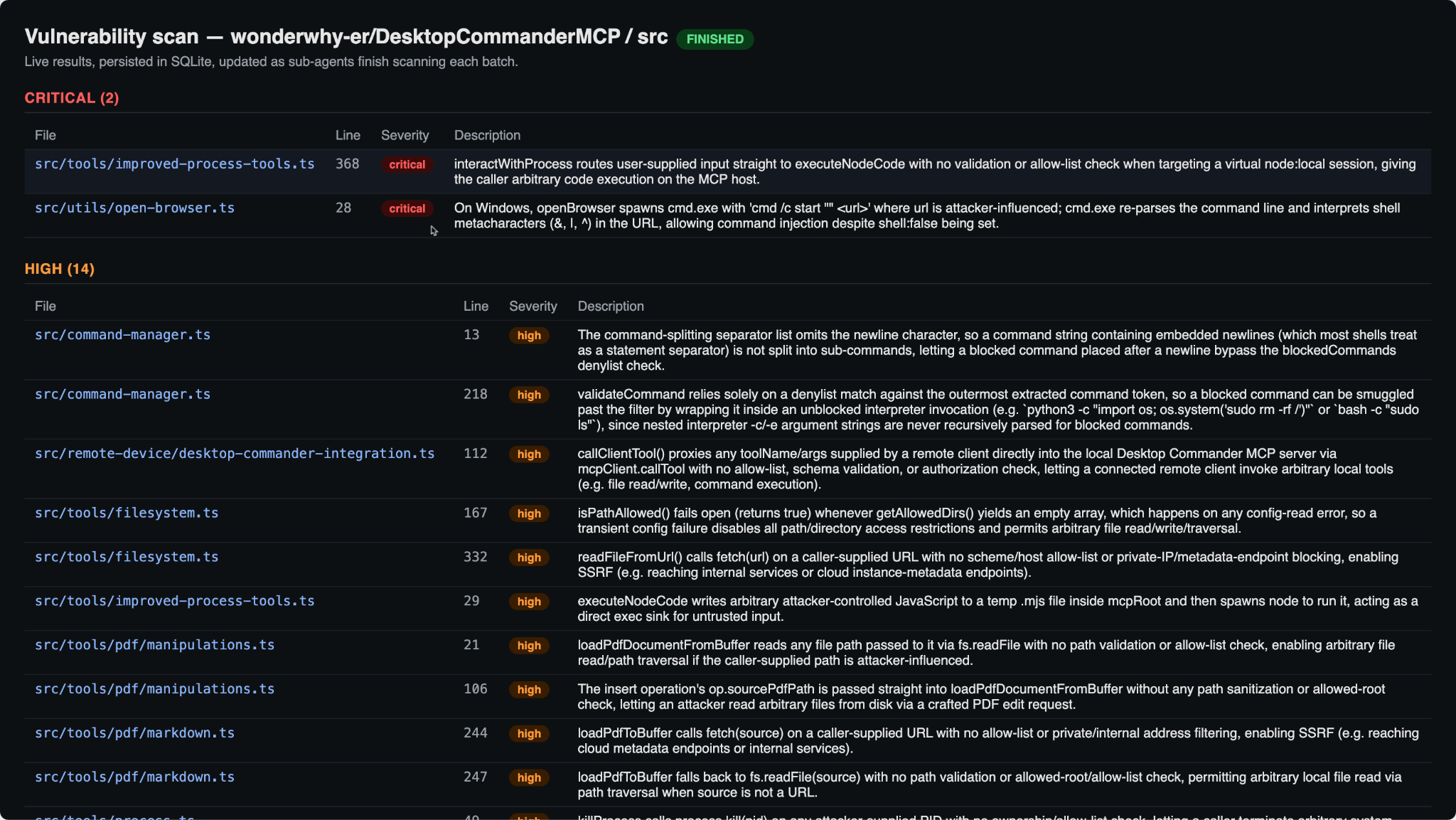 The finished vulnerability scan dashboard -- findings grouped by severity, persisted in SQLite, served live as sub-agents finish each batch.