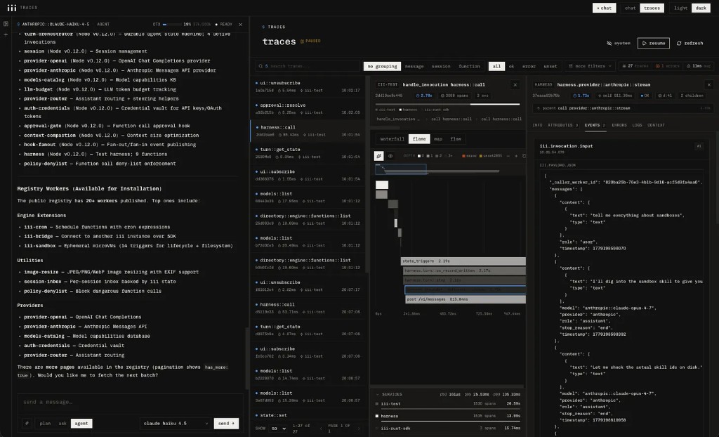 The iii Console traces view: every harness turn, sub-agent spawn, and provider call is a span on one timeline.