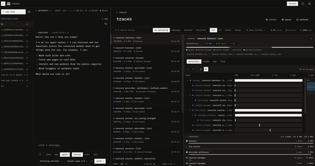 Every turn, sub-agent spawn, and provider call is one correlated trace -- the harness turn waterfall in the iii Console.
