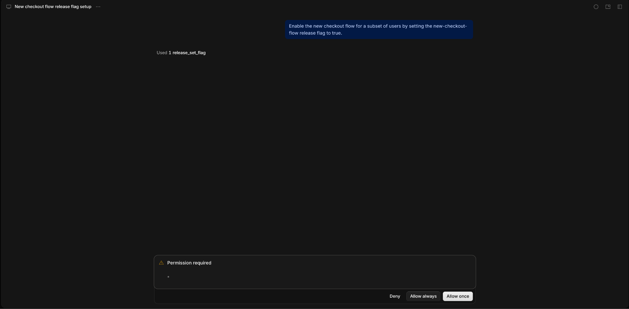 OpenCode's browser client showing a pending Permission required card for release_set_flag, with Deny, Allow always, and Allow once buttons.